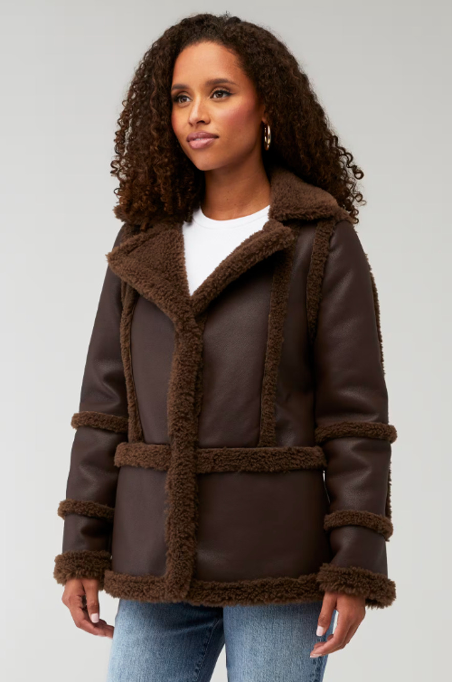 Être Aimé X Unreal Fur Women's Brown Shearling Trim Gate Keeper Jacket Size XL